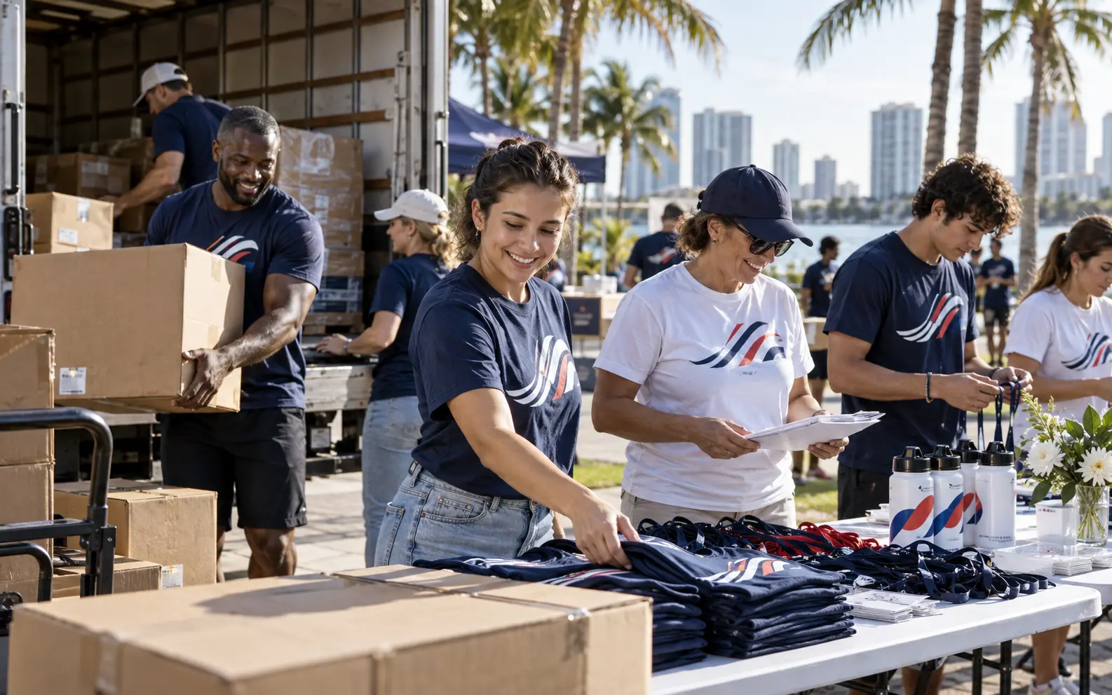 South Florida community team preparing an event in coordinated custom apparel
