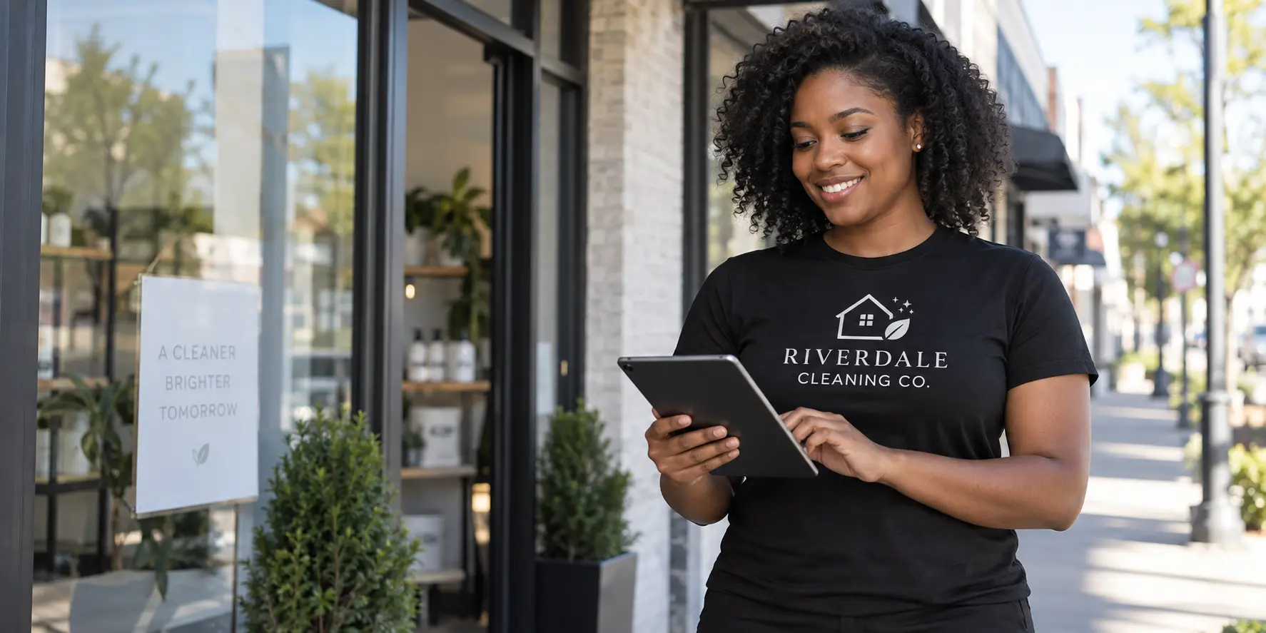 Maryland business owner wearing her custom black branded T-shirt