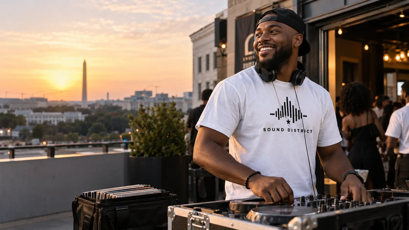 D.M.V. DJ wearing his custom white brand T-shirt before an event