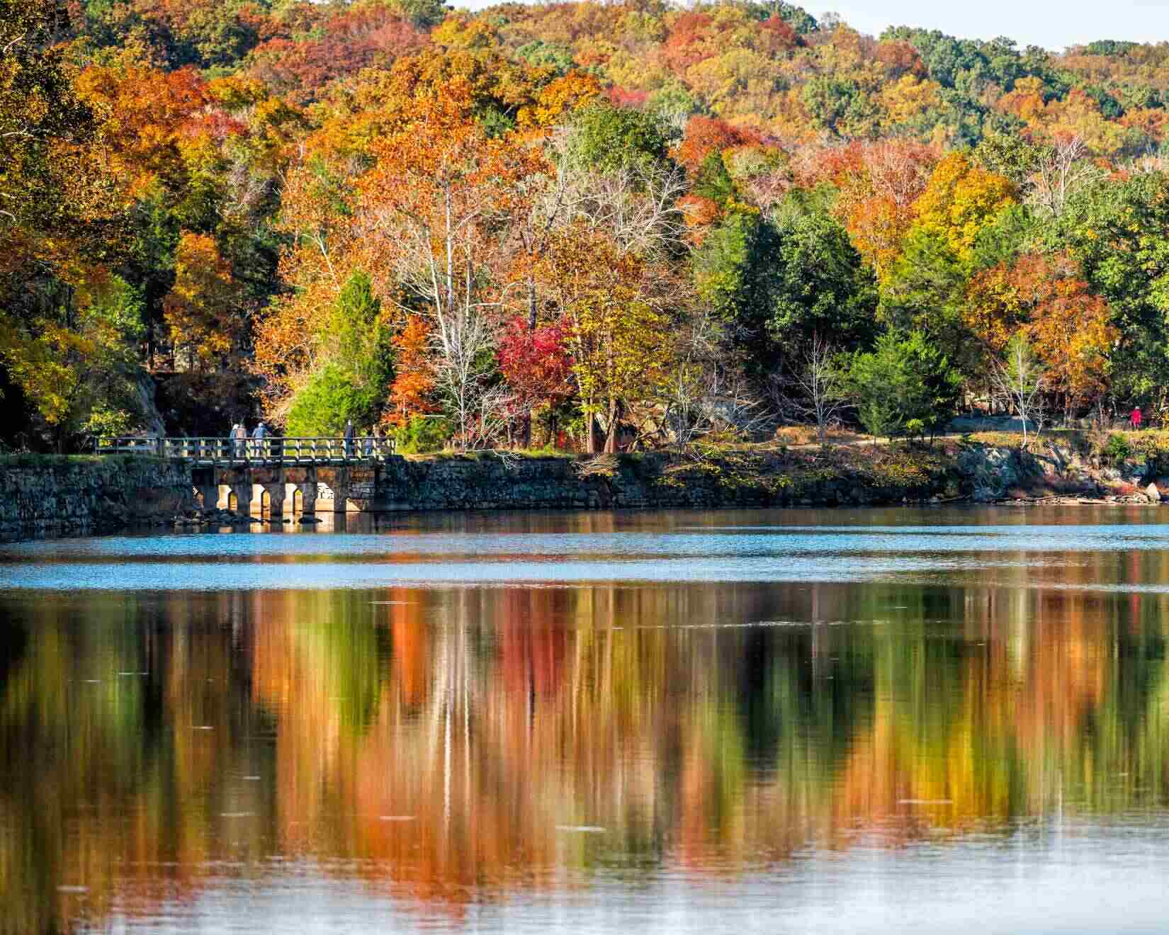 Autumn foliage and a stone footbridge in Montgomery County, Maryland