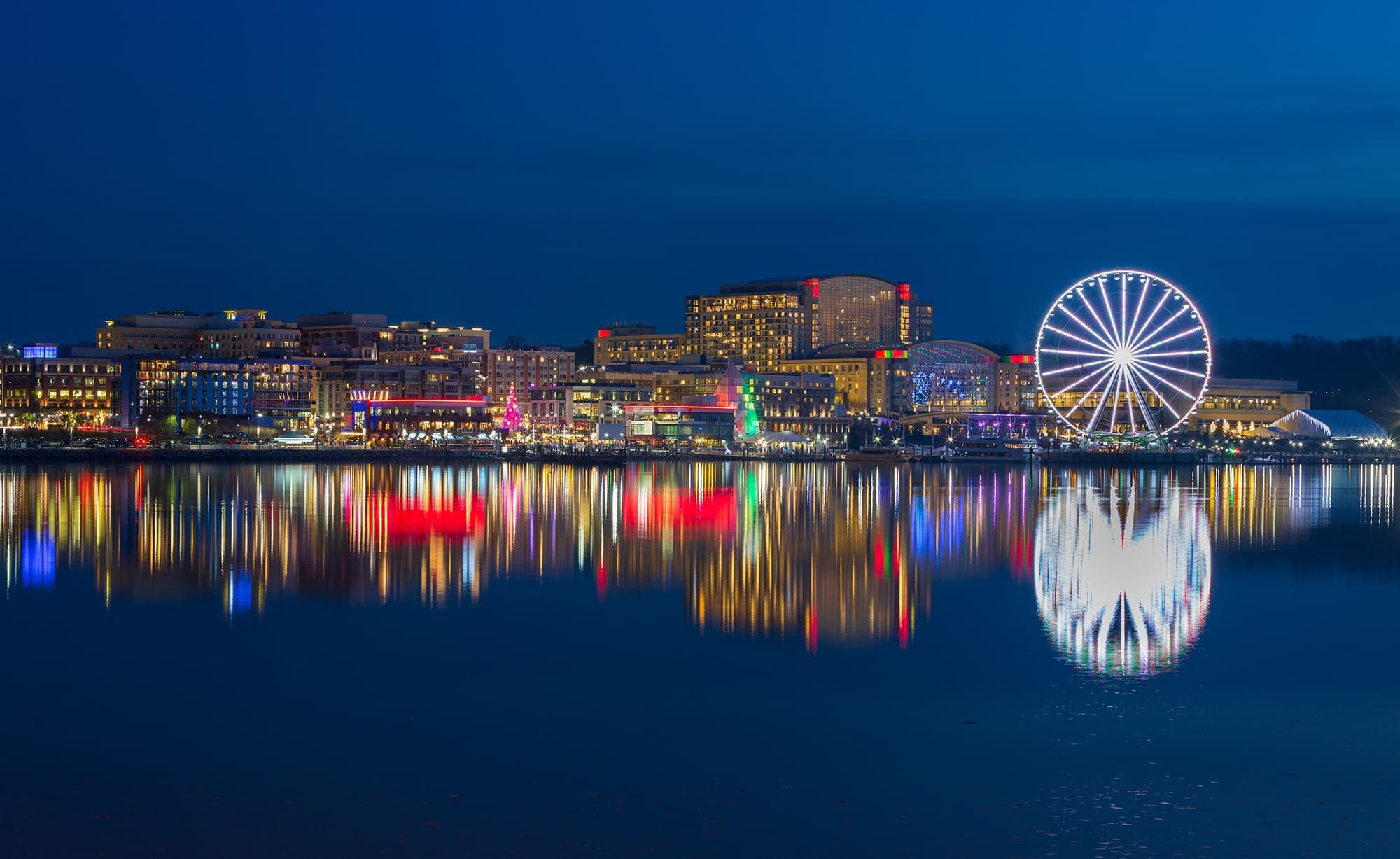 National Harbor and the Capital Wheel at night near Prince George's County, Maryland