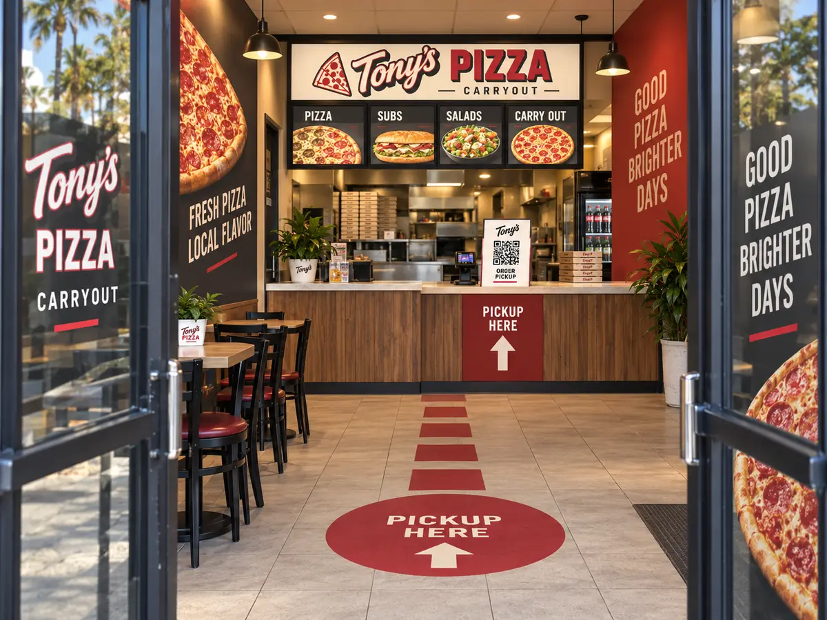 Modern pizza carryout interior with floor graphics, pickup direction, menu displays and a countertop QR ordering sign