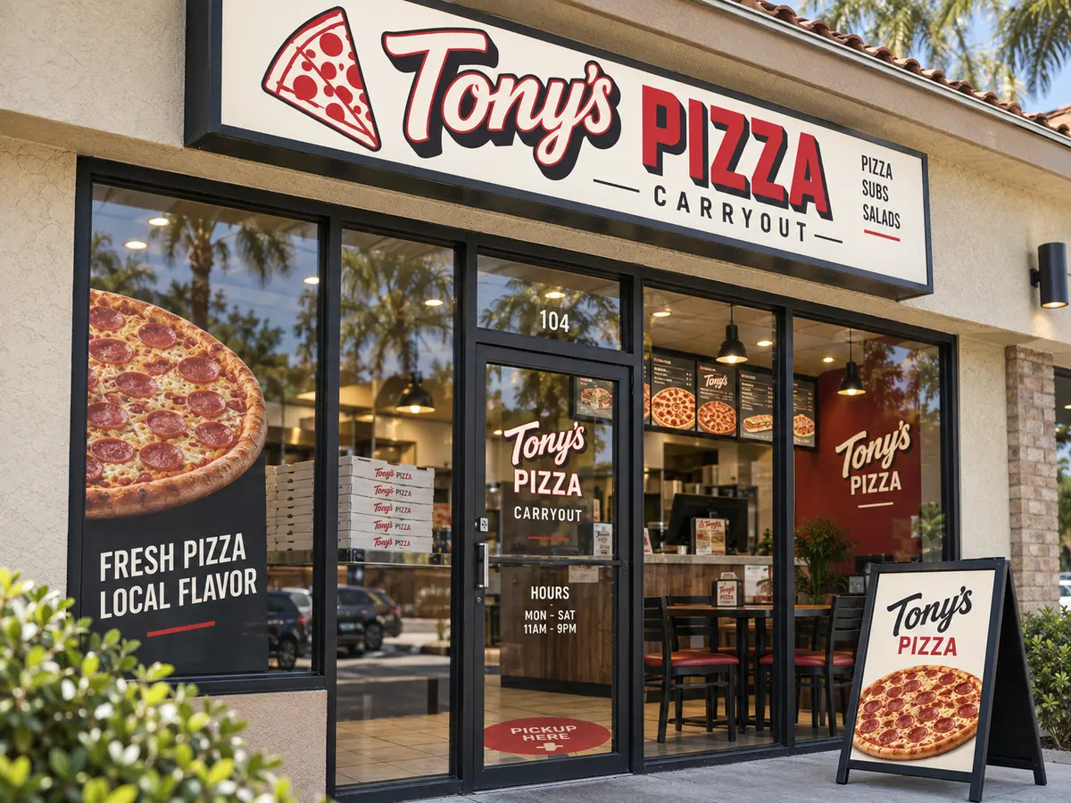 Coordinated 2026 pizza brand across storefront sign, windows, entrance, menus, packaging and sidewalk display