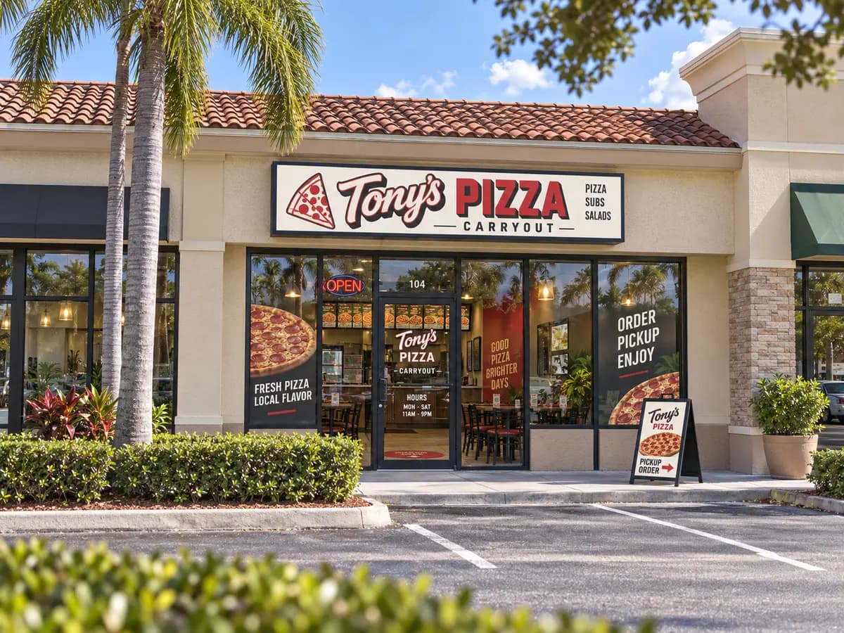 Modern pizza storefront with highly visible dimensional sign and coordinated window graphics seen from across a parking area