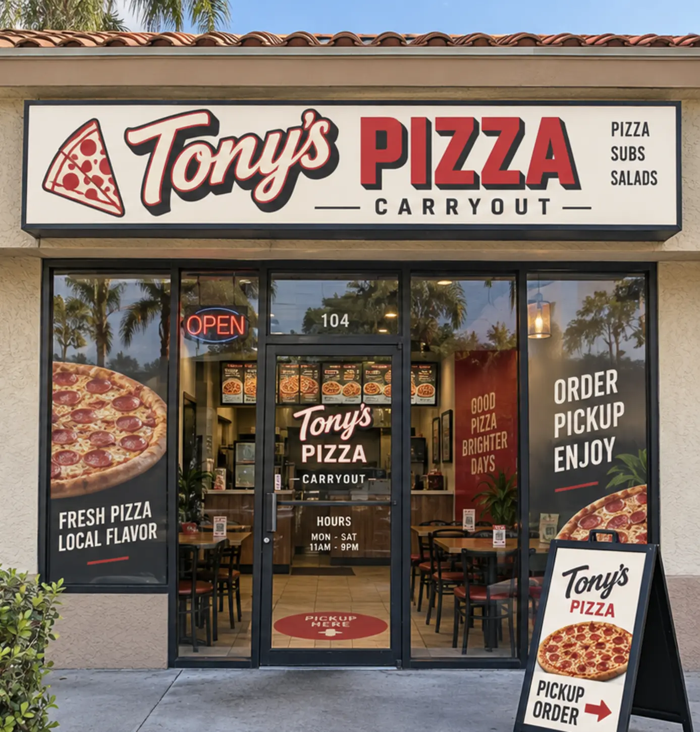 Modern 2026 pizza carryout after coordinated signs, window graphics, menus and pickup branding