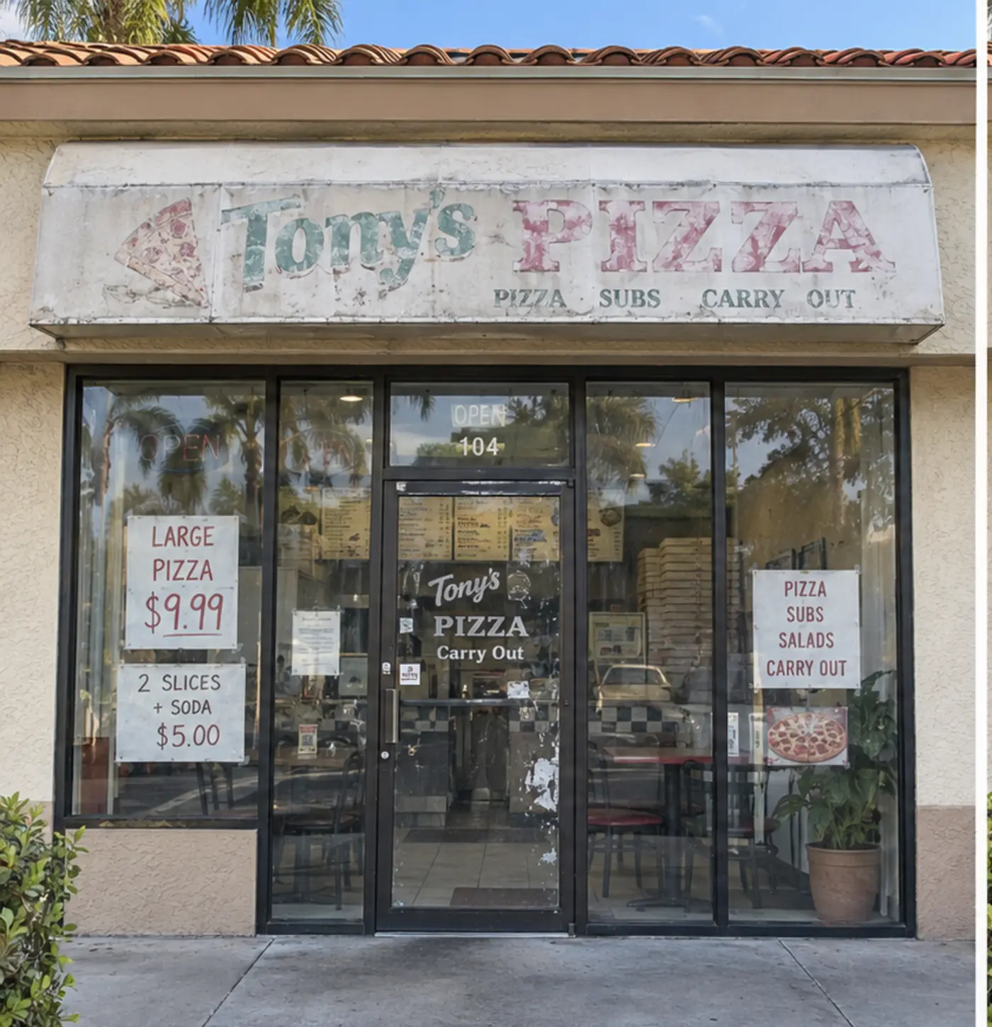 Dated local pizza carryout before a professional signage and window graphics makeover